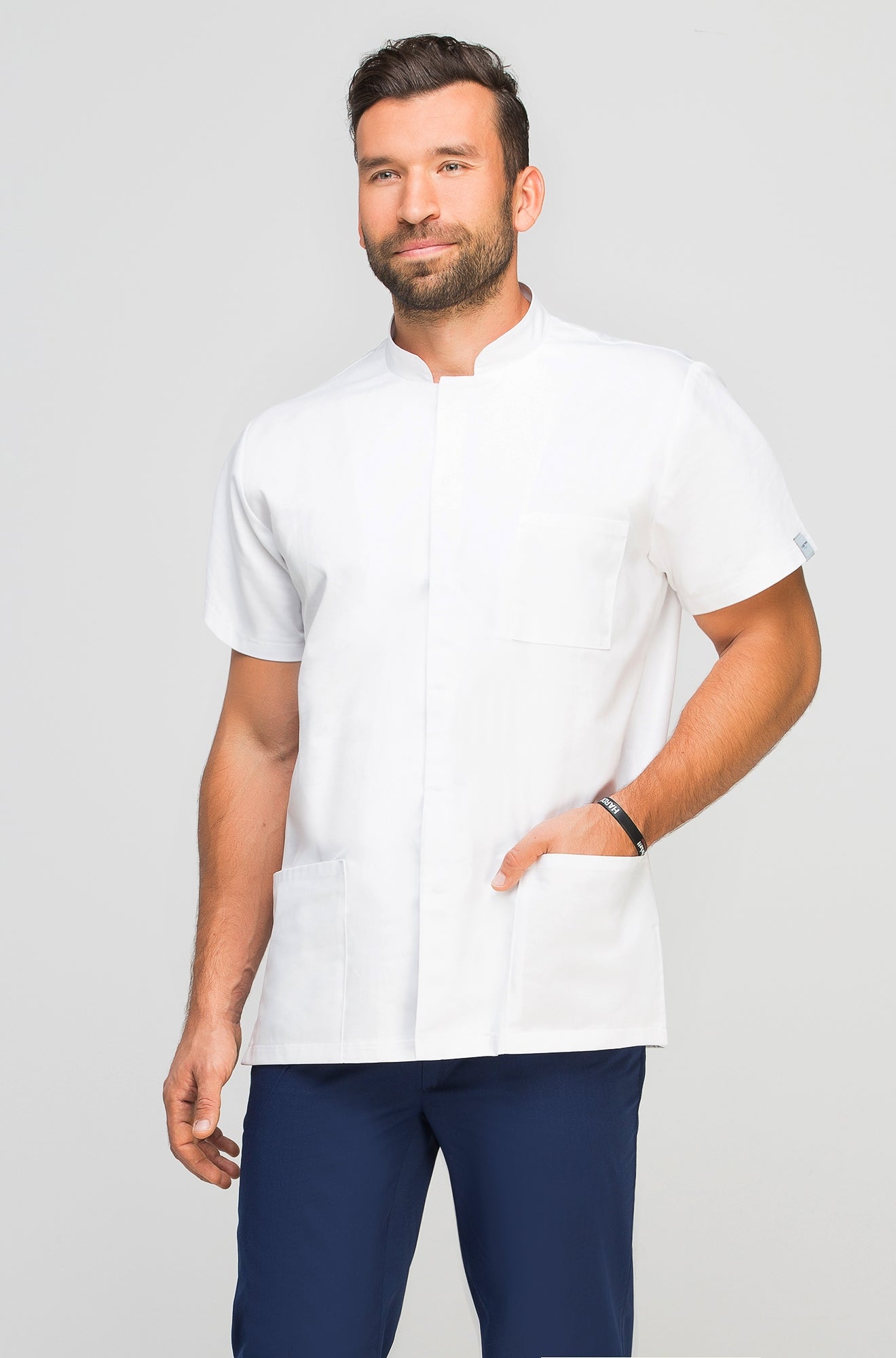 Men's medical blouse with stand-up collar, white